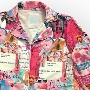 Taylor Swift graphic sleep shirt, fashion buttondown shirt, pink, size M